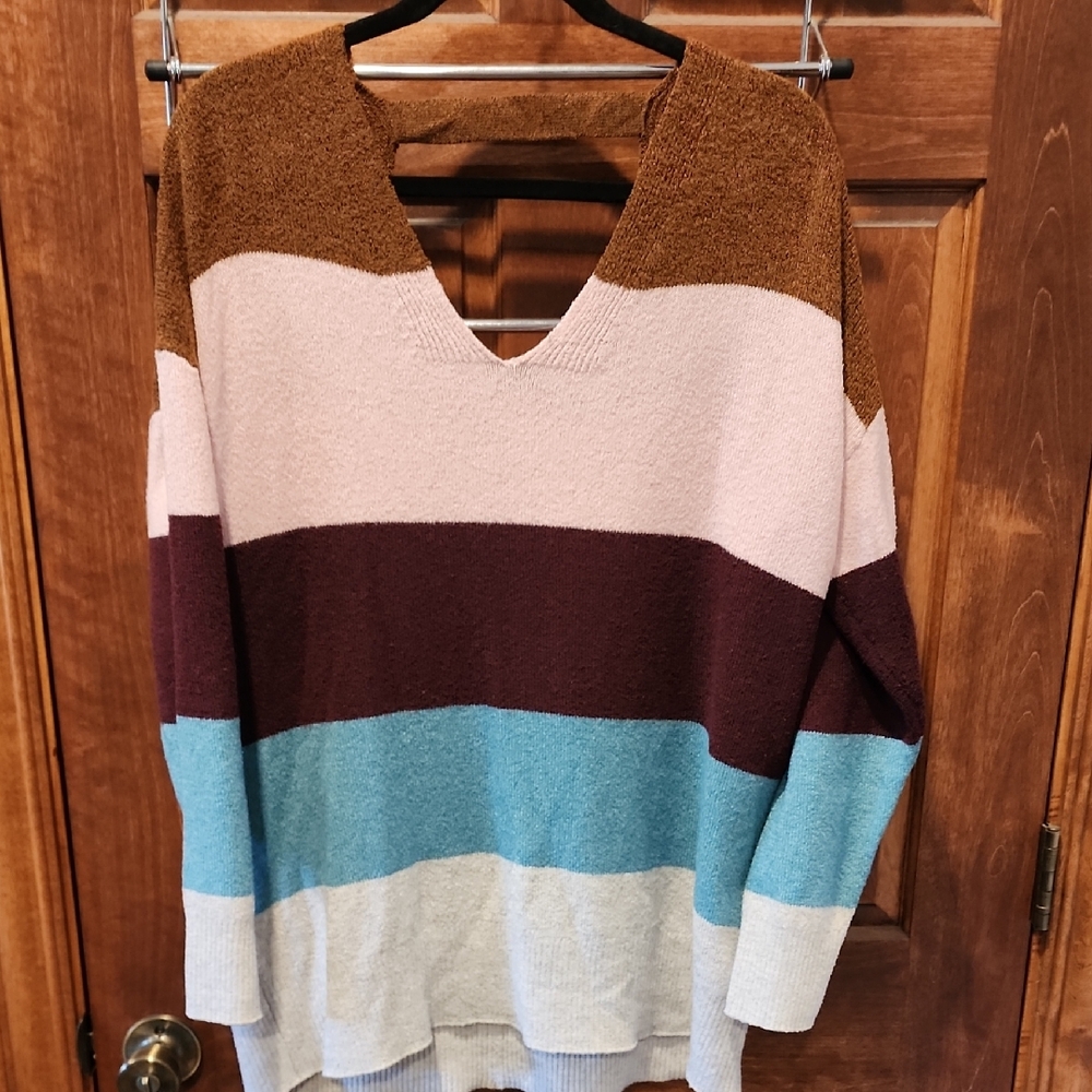 Maurices Colorblock V-Neck Sweater - Brown, Pink, Blue, Cream
